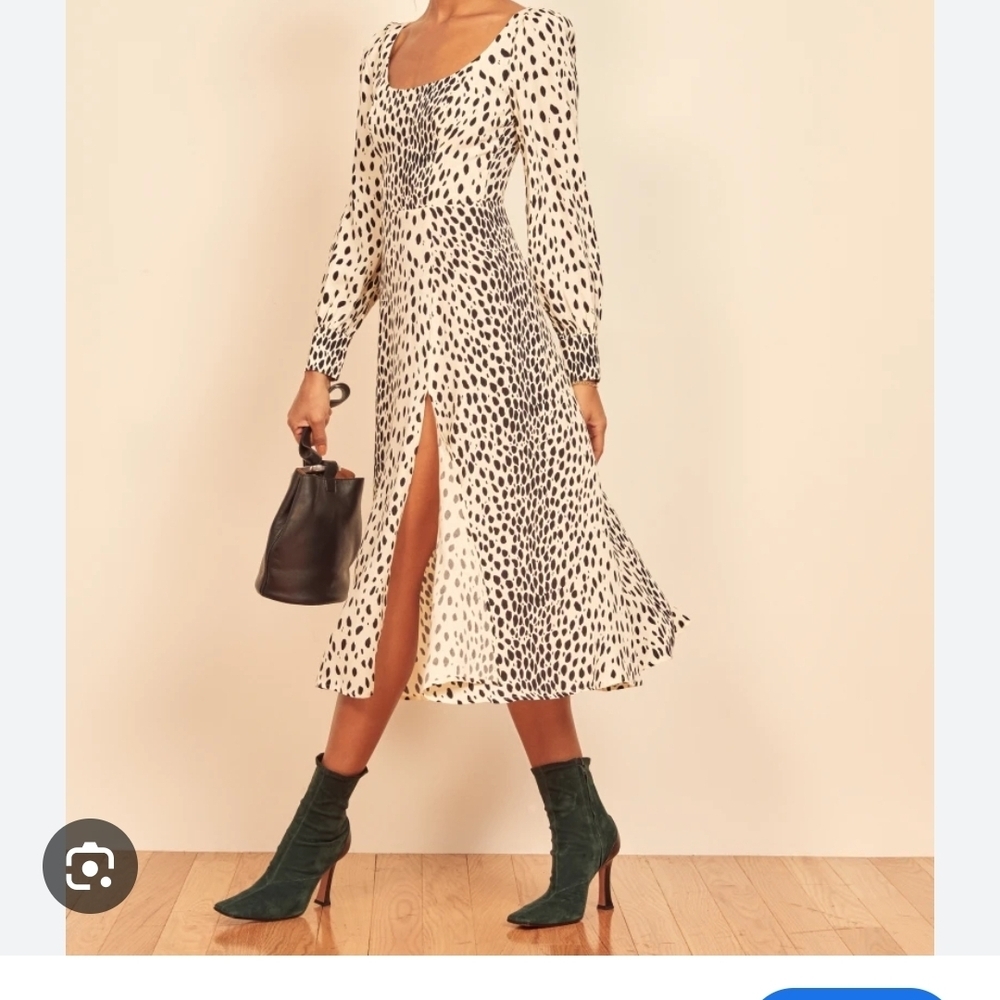 Reformation Alessi Midi Dress in Cheetah Print 4 Black White Long Sleeve